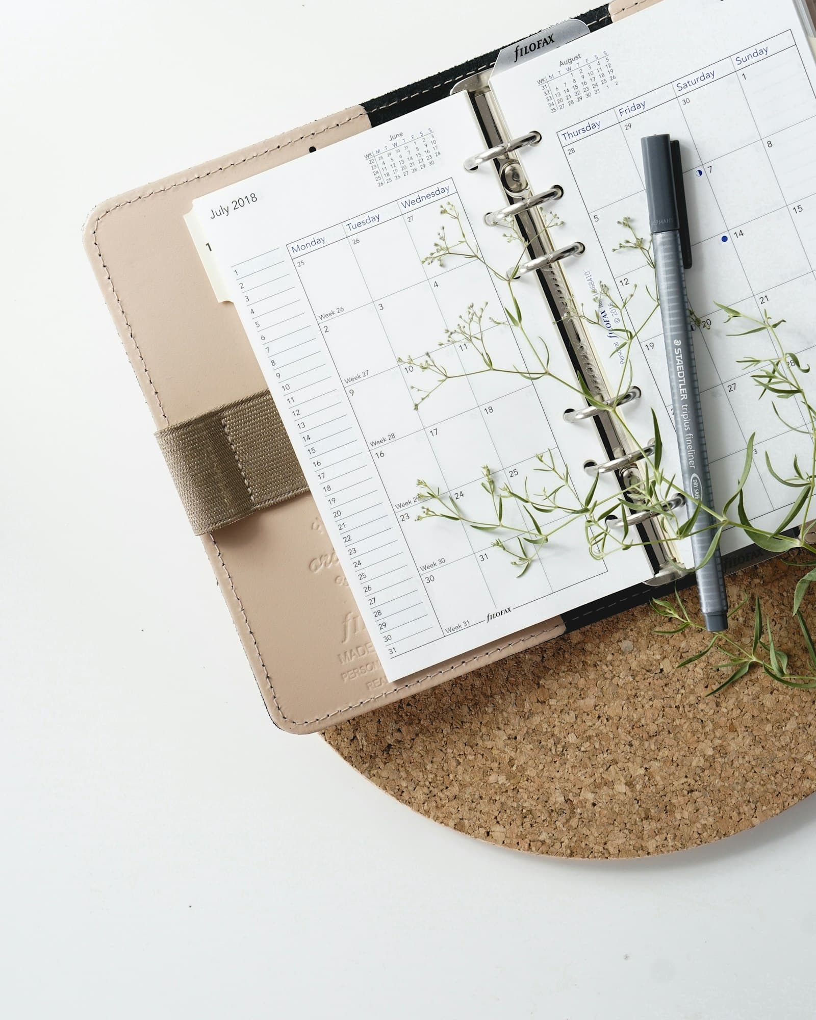 A pen resting on an open notebook — planning surface, editorial flatlay.
