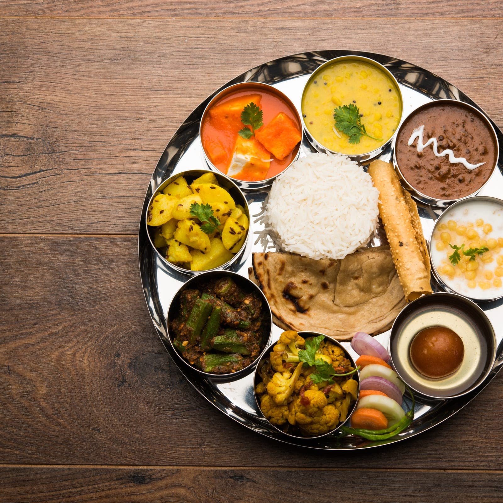 Steel thali · wood